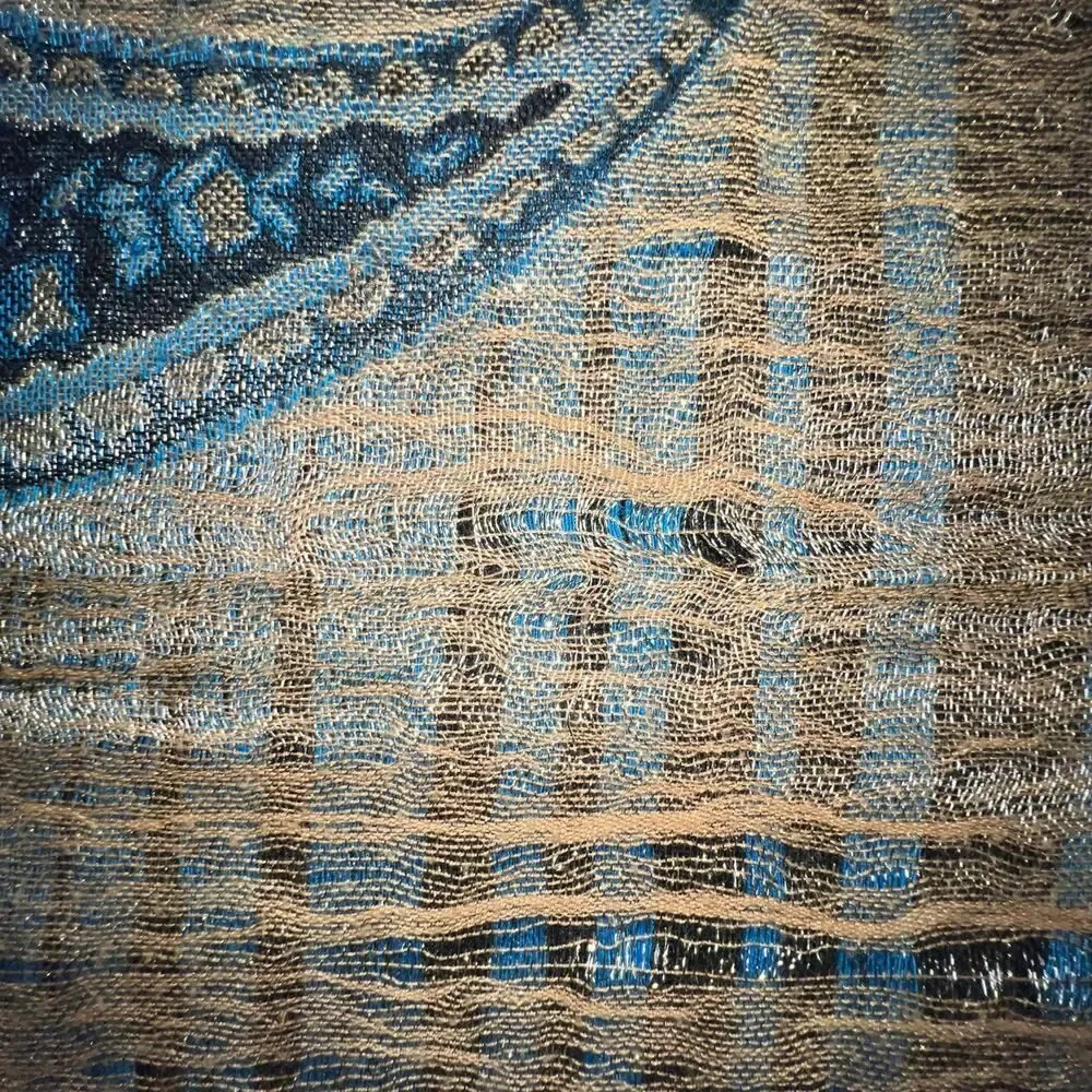 Paisley metallic‎ blue, gold fringe shawl scarf, sarong bohemian GypsyGoth